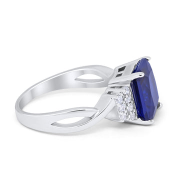 Engagement Ring Emerald Cut Simulated Blue Sapphire CZ 925 Sterling Silver